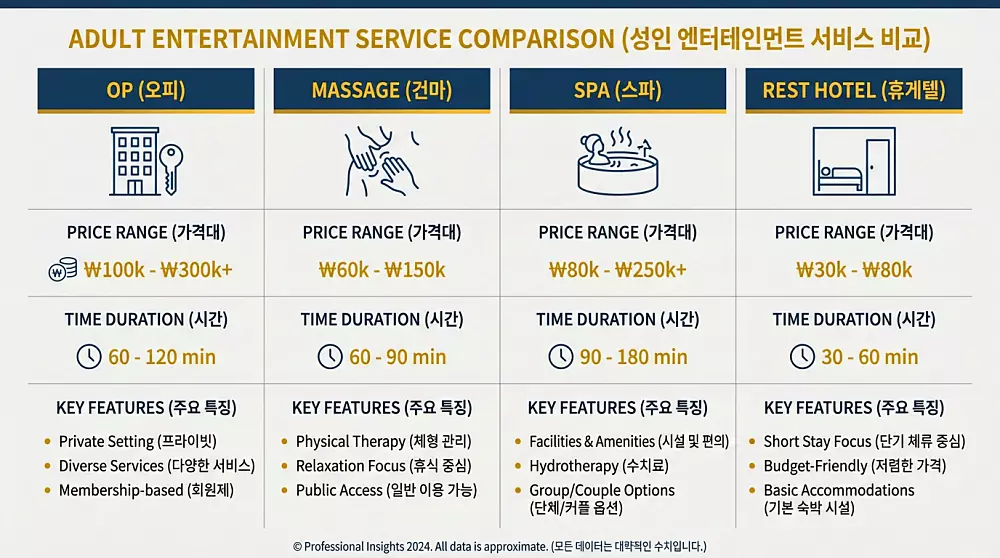 오피사이트 업종별 비교 - 오피 건마 스파 휴게텔 가격대 시간 특징 2025년